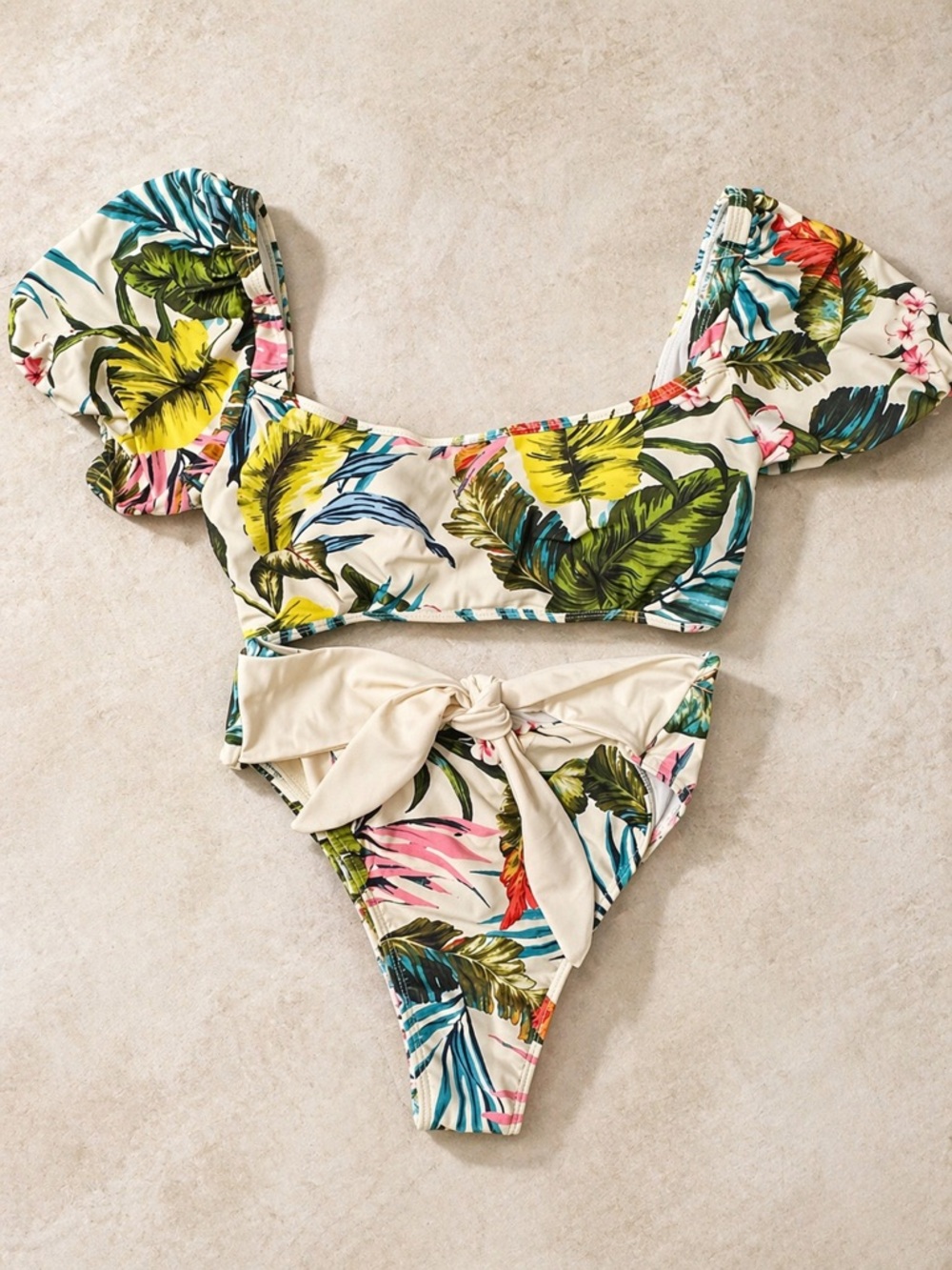 Tropical Leaf Print Puff Sleeve Bikini Set